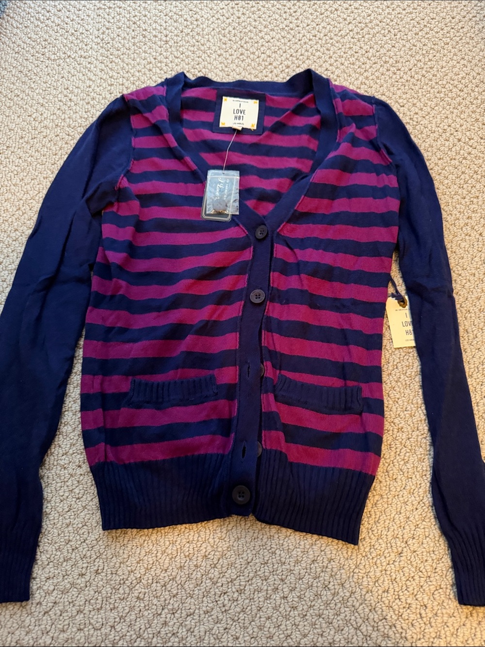 I Love H81 Navy and Berry Striped Knit Cardigan, Women’s Size S, NWT
